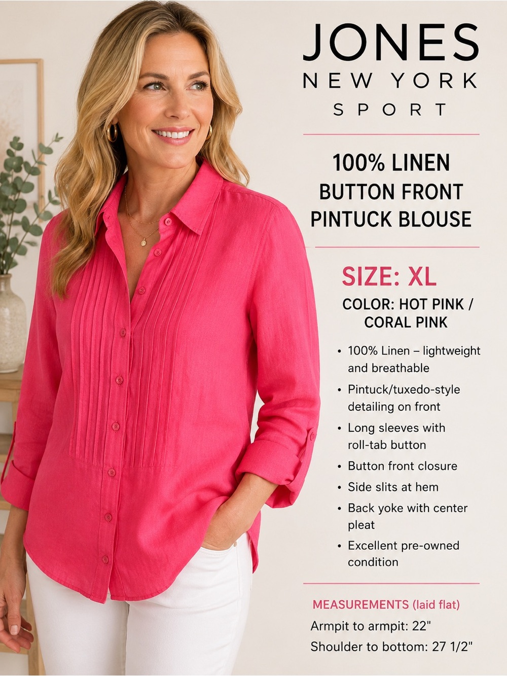 Jones New York Sport XL Hot Pink 100% Linen Pintuck Blouse
